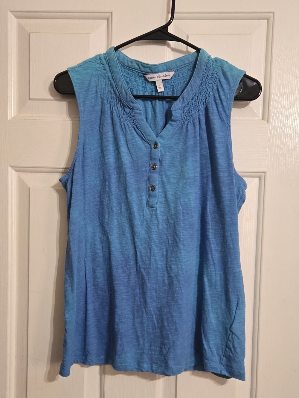 Blue Sleeveless Henley Tank Top with Smocked Yoke